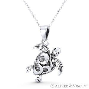 Sea Turtle Ocean Sealife & Hindu Sanskrit Om / Aum Charm in .925 Sterling Silver